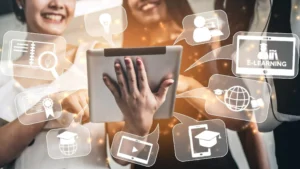 Student in a smart classroom at SSMSC, Haripur using digital learning tools